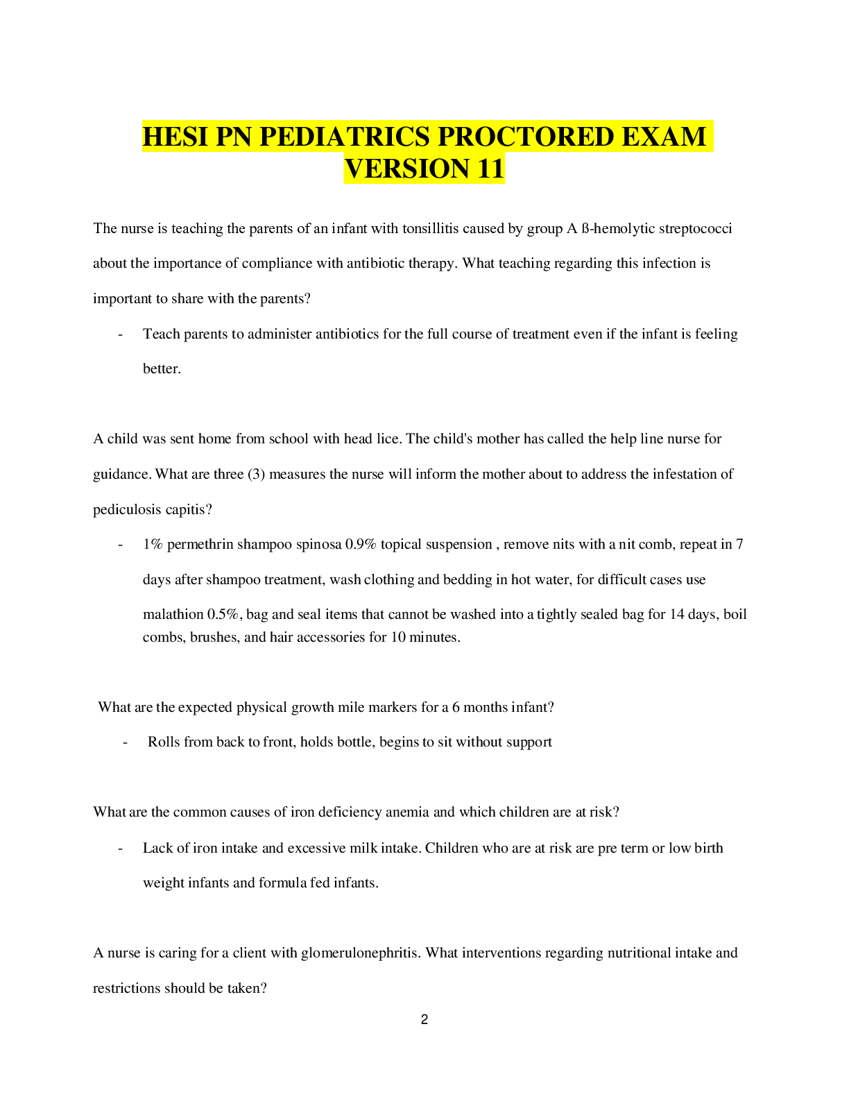 Preview of HESI PN Pediatrics Proctored Exam Version 11 Questions & Answers with Rationale